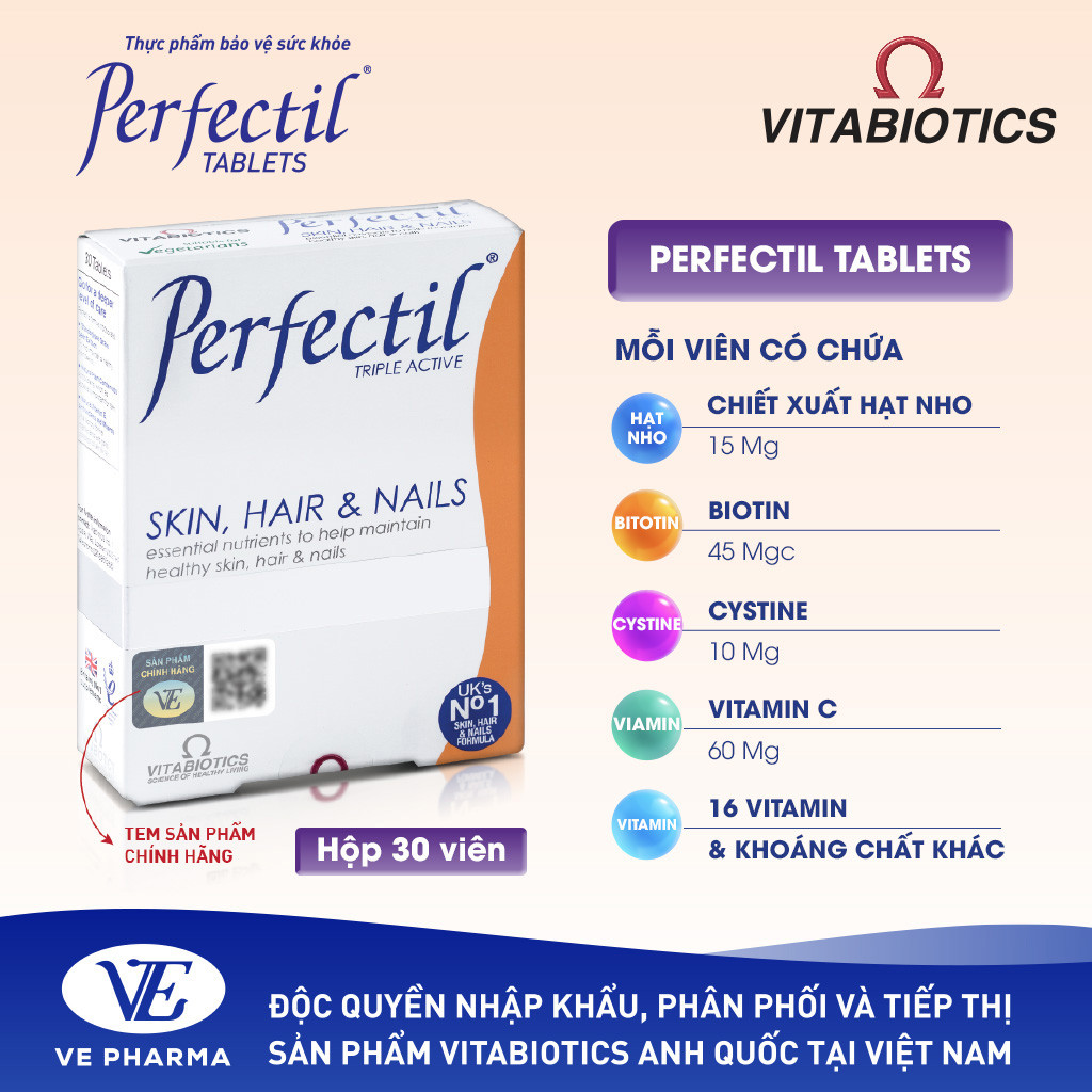 Mô tả Viên Uống Làm Đẹp Da, Tóc & Móng Vitabiotics PERFECTIL Bổ Sung Biotin Và Vitamin Ngừa Oxy Hóa Hộp 30 Viên - 4