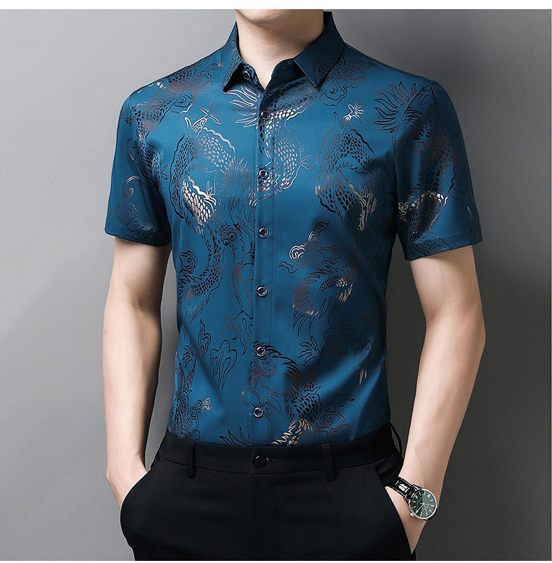 Mô tả Áo sơ mi ngắn tay họa tiết rồng thông thường thoáng khí dành cho nam IELGY - 7