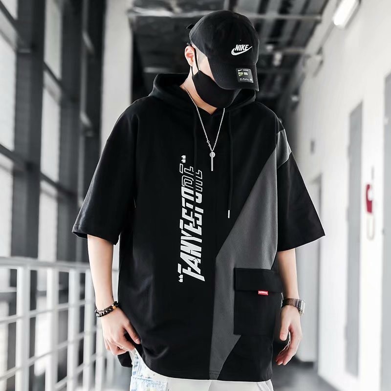 Mô tả Áo thun nam tay ngắn có mũ trùm đầu IELGY dáng rộng hip-hop khâu phù hợp - 2