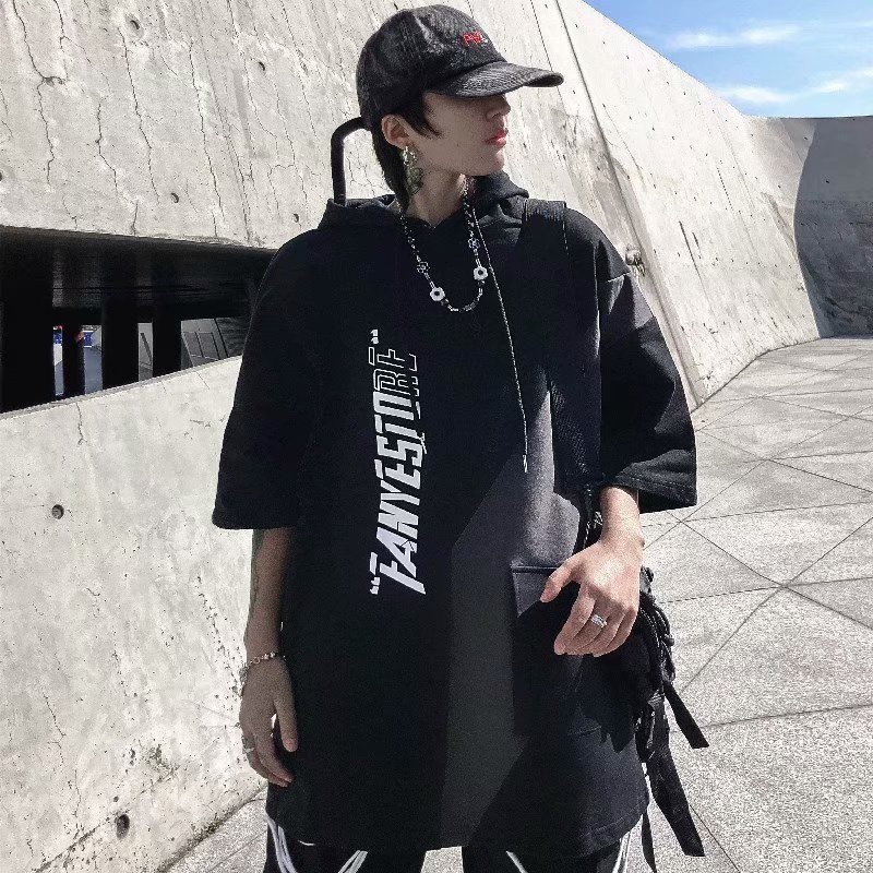 Mô tả Áo thun nam tay ngắn có mũ trùm đầu IELGY dáng rộng hip-hop khâu phù hợp - 3