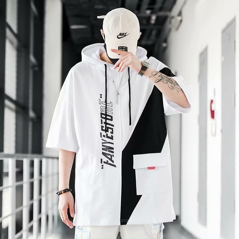 Mô tả Áo thun nam tay ngắn có mũ trùm đầu IELGY dáng rộng hip-hop khâu phù hợp - 4
