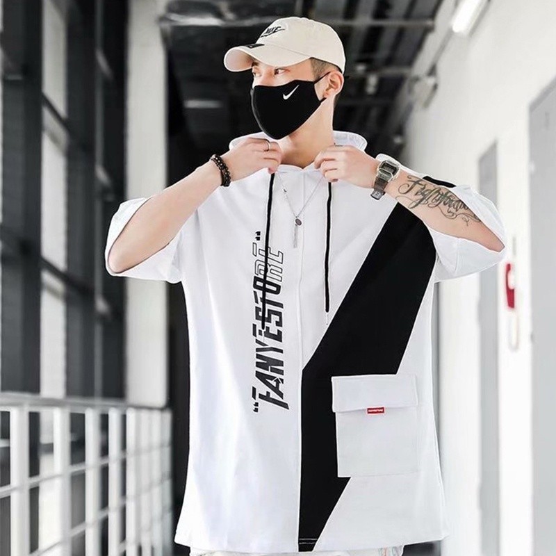 Mô tả Áo thun nam tay ngắn có mũ trùm đầu IELGY dáng rộng hip-hop khâu phù hợp - 7