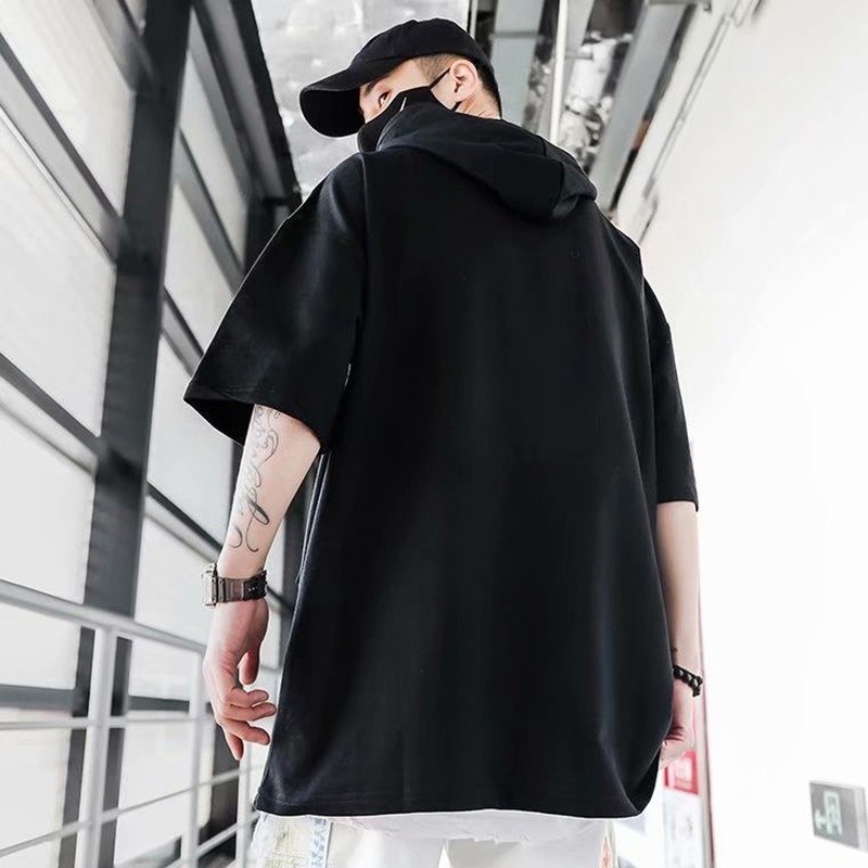 Mô tả Áo thun nam tay ngắn có mũ trùm đầu IELGY dáng rộng hip-hop khâu phù hợp - 8