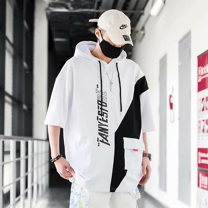 Mô tả Áo thun nam tay ngắn có mũ trùm đầu IELGY dáng rộng hip-hop khâu phù hợp - 9