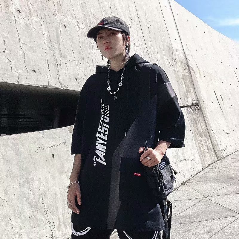 Mô tả Áo thun nam tay ngắn có mũ trùm đầu IELGY dáng rộng hip-hop khâu phù hợp - 10