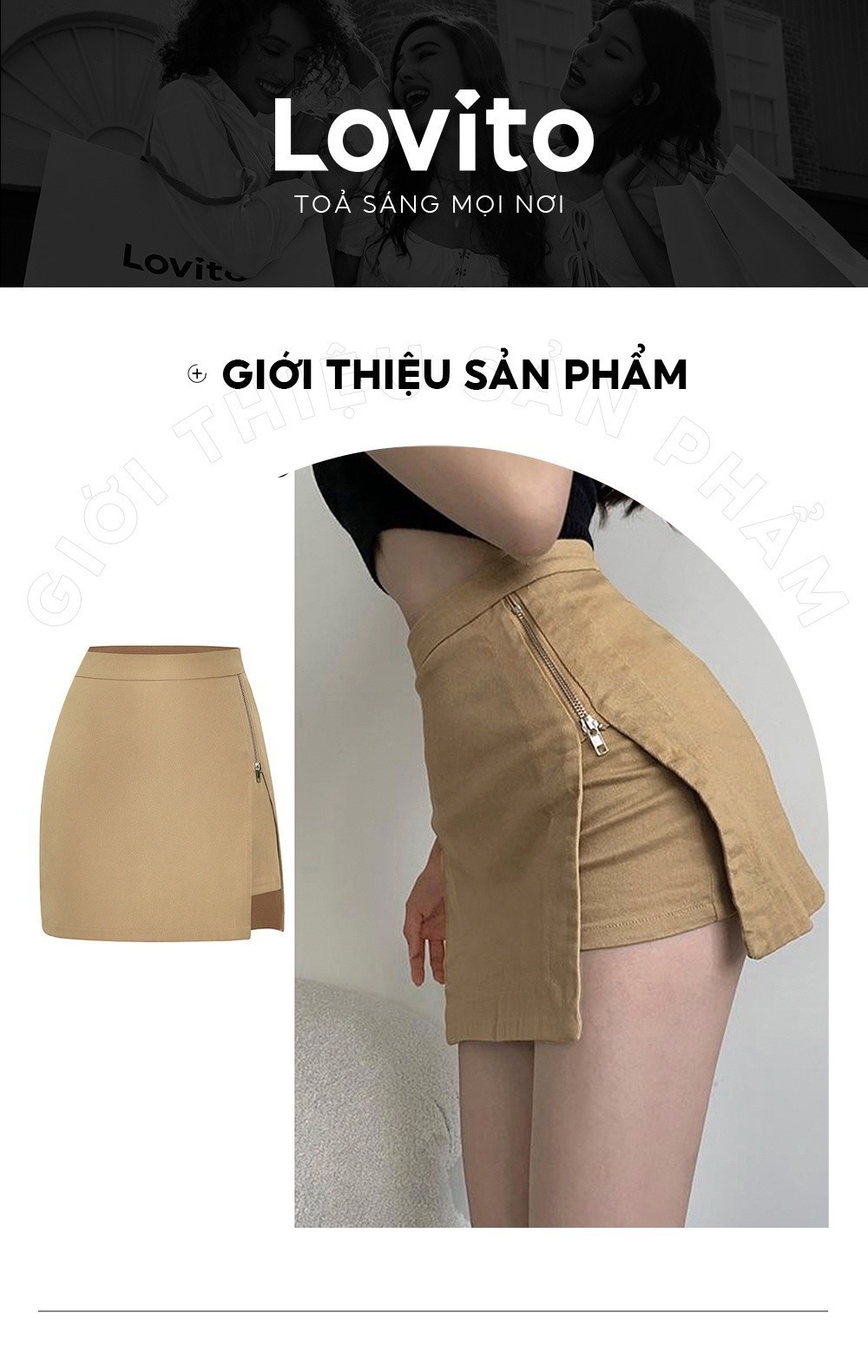 Mô tả Quần short Lovito phối dây kéo xẻ tà màu trơn phong cách preppy cho nữ L59ED161 (Kaki) - 2