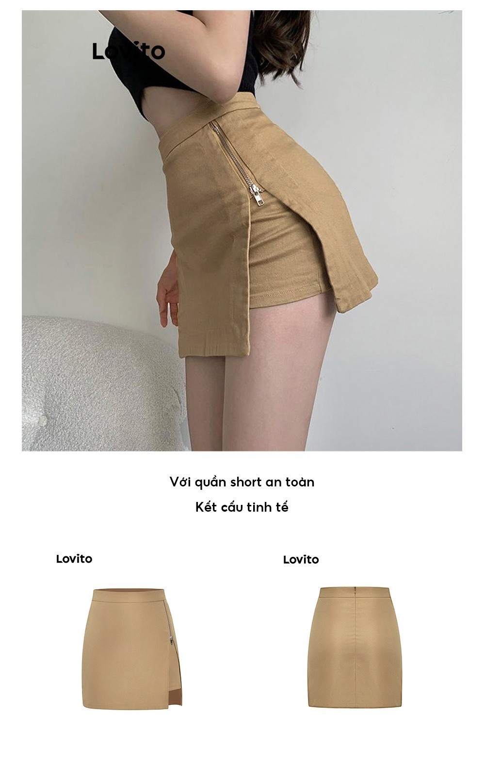 Mô tả Quần short Lovito phối dây kéo xẻ tà màu trơn phong cách preppy cho nữ L59ED161 (Kaki) - 3