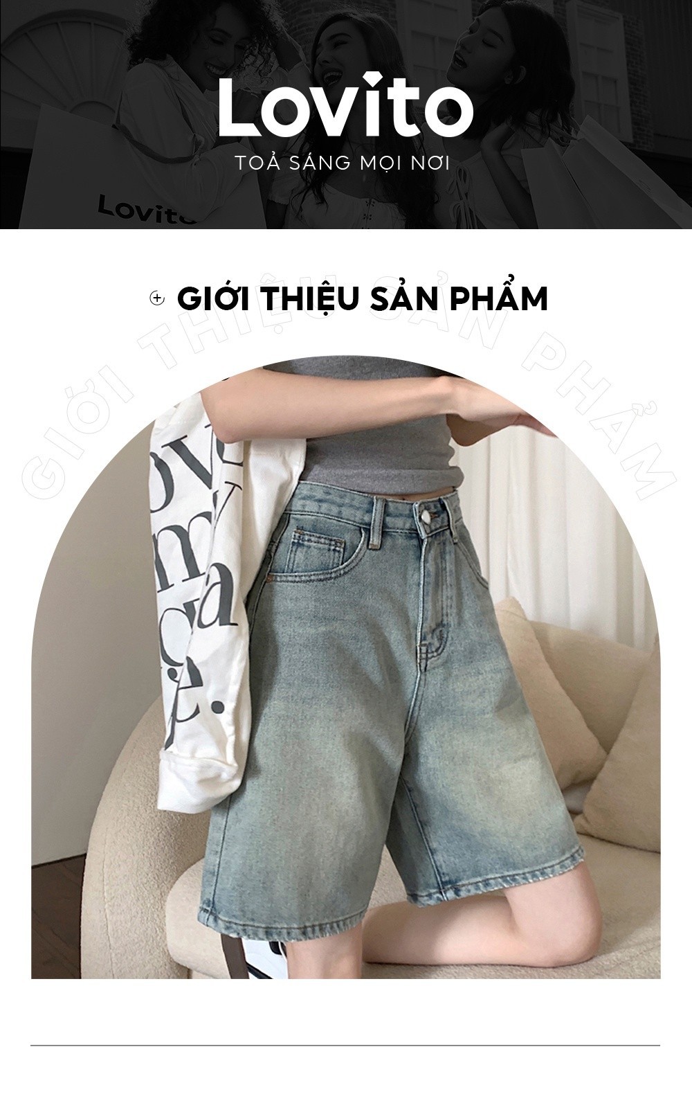 Mô tả Lovito - Quần Short Jean Cạp Cao Denim Có Túi Màu Trơn LNA19020 - 2