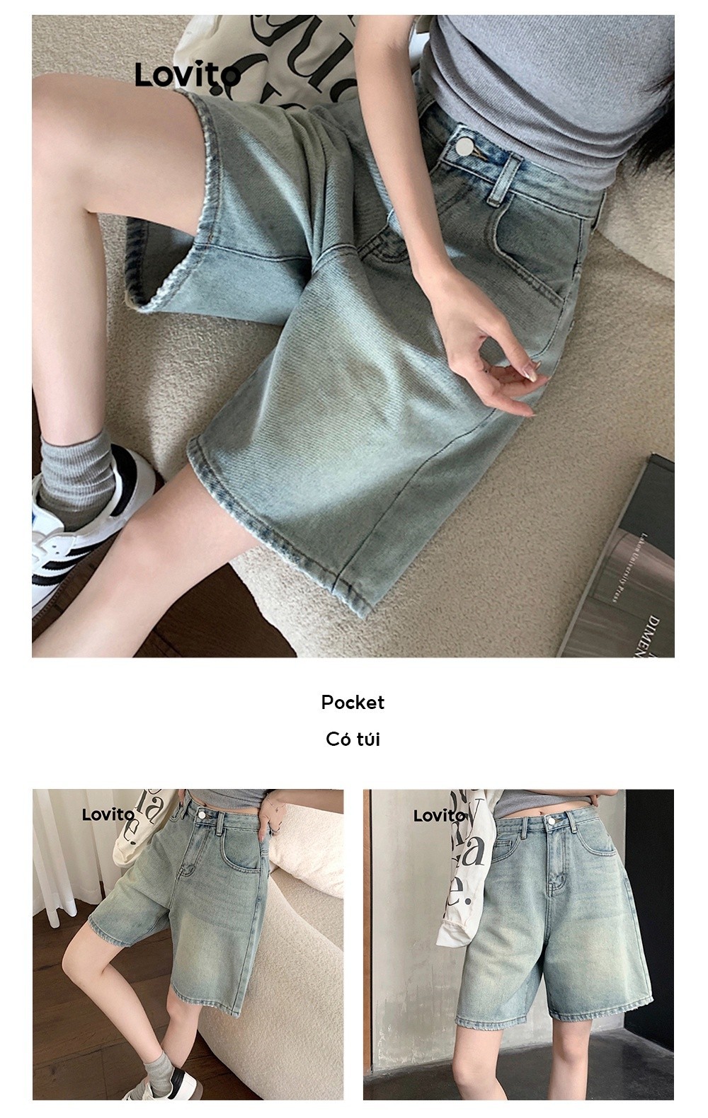 Mô tả Lovito - Quần Short Jean Cạp Cao Denim Có Túi Màu Trơn LNA19020 - 3