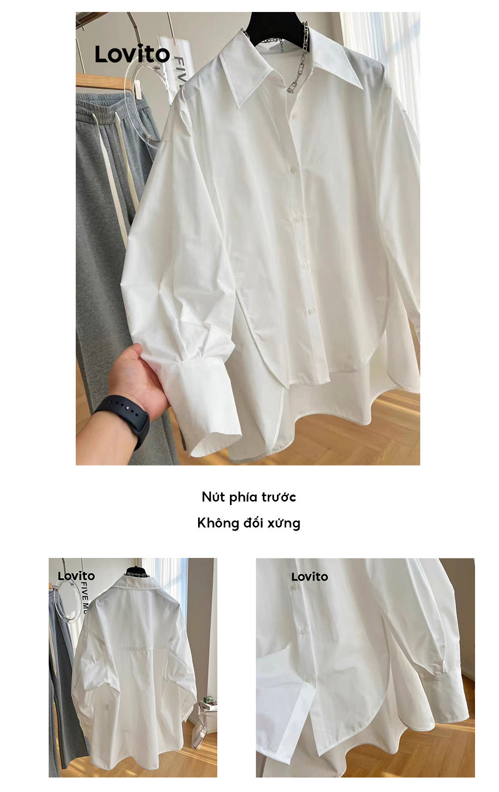 Mô tả Áo sơ mi kiểu Lovito không đối xứng nút trước màu trơn thanh lịch cho nữ LNE24084 (Nhiều màu) - 3