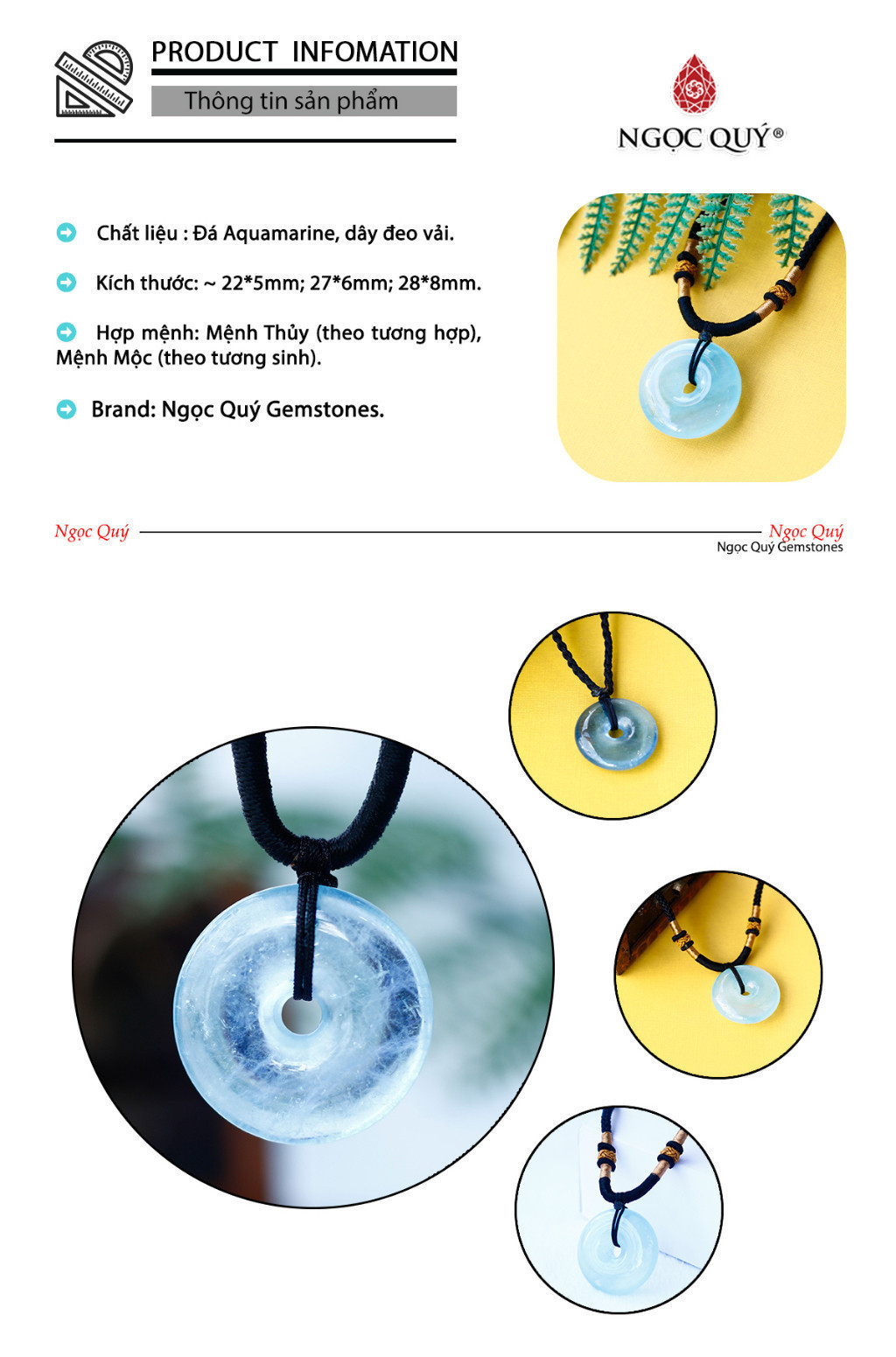Mô tả Mặt dây chuyền đồng điếu đá Aquamarine - Ngọc Quý - 2