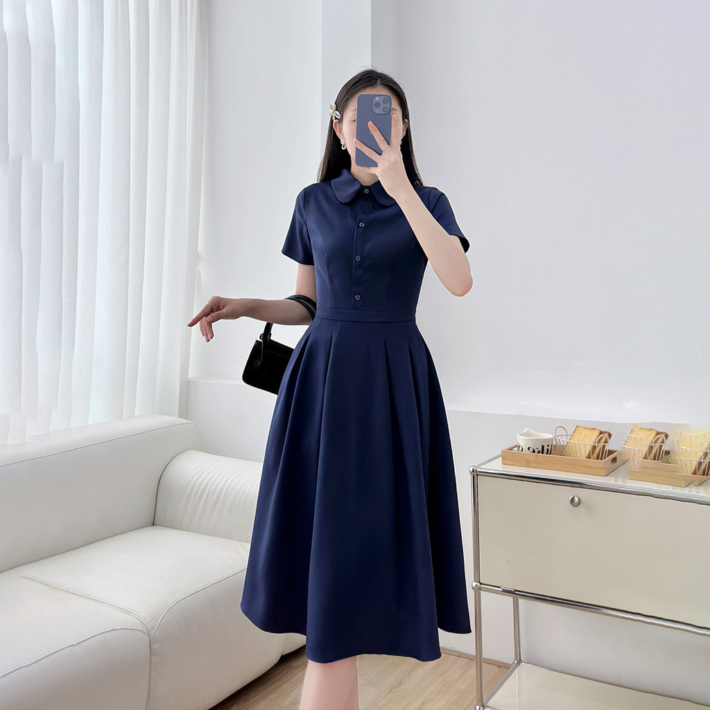 Mô tả Đầm nữ A xòe xếp ly thiết kế kiểu sơ mi lá sen nẹp nút giả đính nút có túi thời trang GUMAC LDF0323 - 4