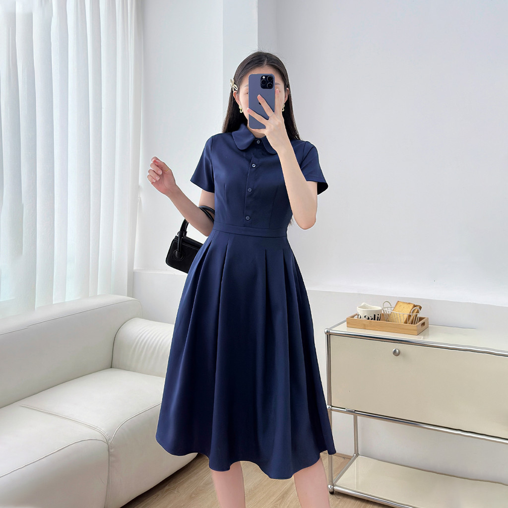 Mô tả Đầm nữ A xòe xếp ly thiết kế kiểu sơ mi lá sen nẹp nút giả đính nút có túi thời trang GUMAC LDF0323 - 5