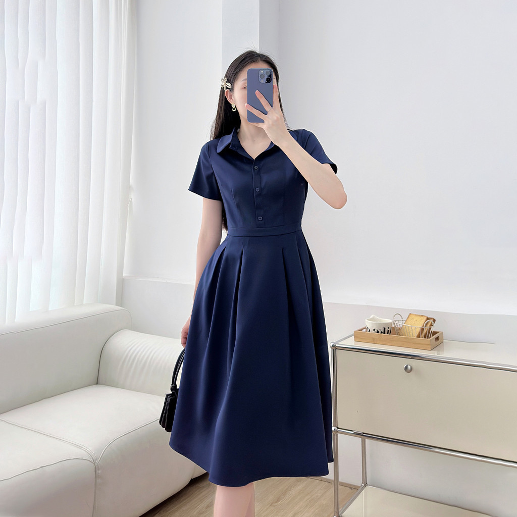 Mô tả Đầm nữ A xòe xếp ly thiết kế kiểu sơ mi lá sen nẹp nút giả đính nút có túi thời trang GUMAC LDF0323 - 6