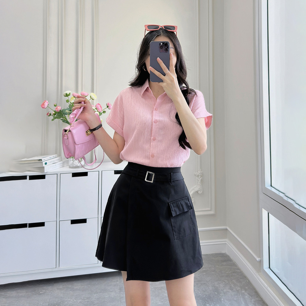 Mô tả Áo sơ mi nữ kiểu tay liền vải lụa xốp màu hồng, be dáng suông lai lật thời trang GUMAC LAE1032 - 3
