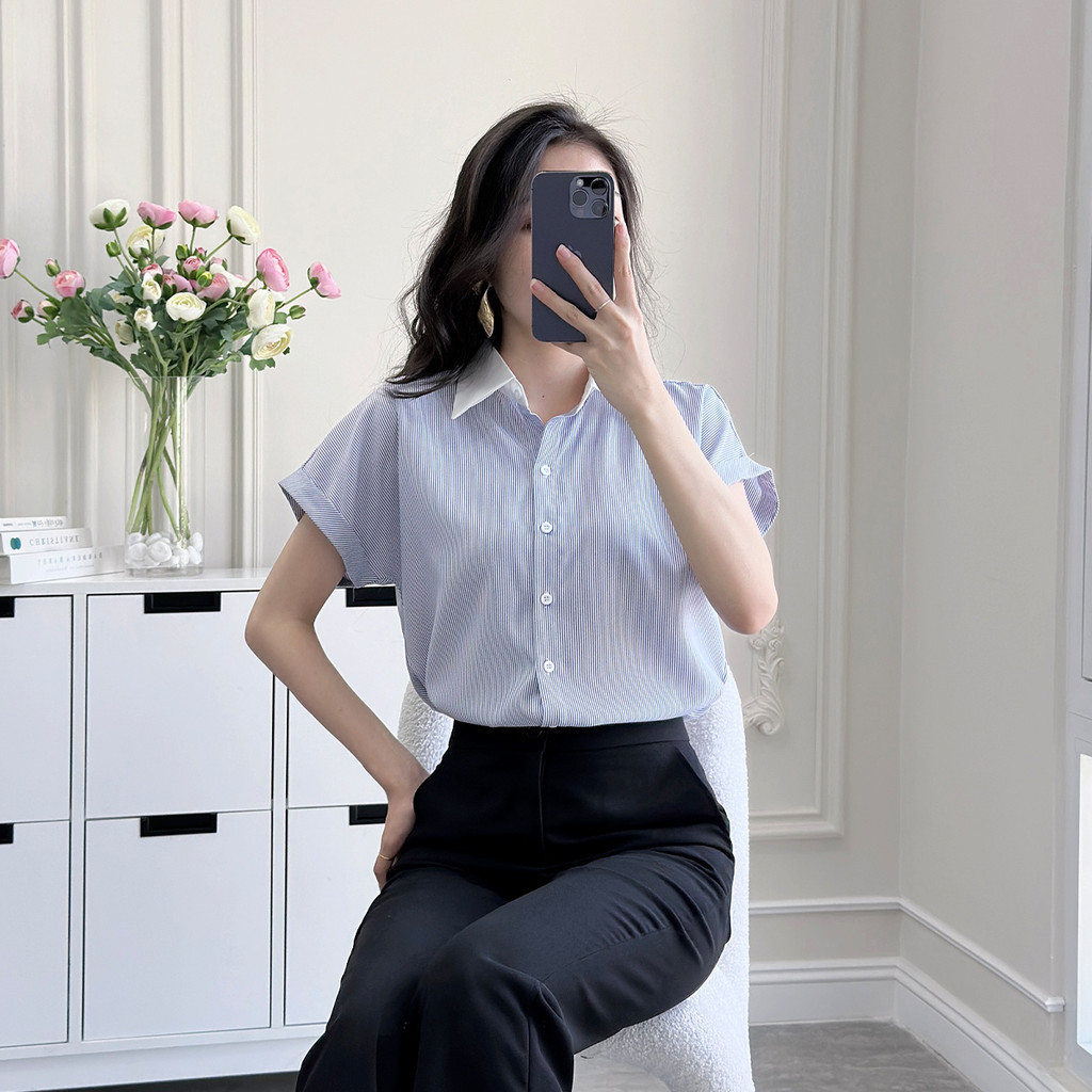 Mô tả Áo sơ mi nữ sọc xanh vải cotton mềm mịn thoáng khí tay liền cổ phối thời trang GUMAC LAF0322 - 2