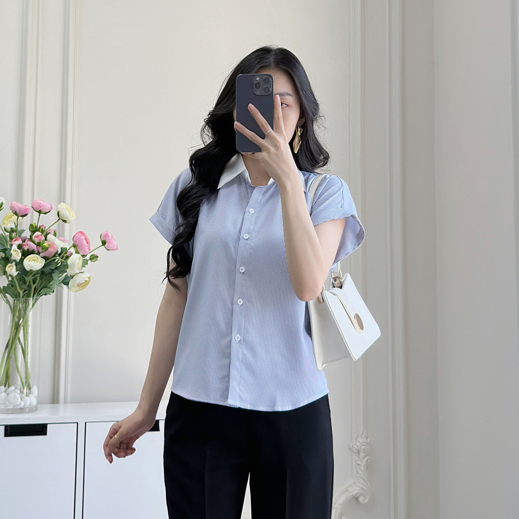 Mô tả Áo sơ mi nữ sọc xanh vải cotton mềm mịn thoáng khí tay liền cổ phối thời trang GUMAC LAF0322 - 3