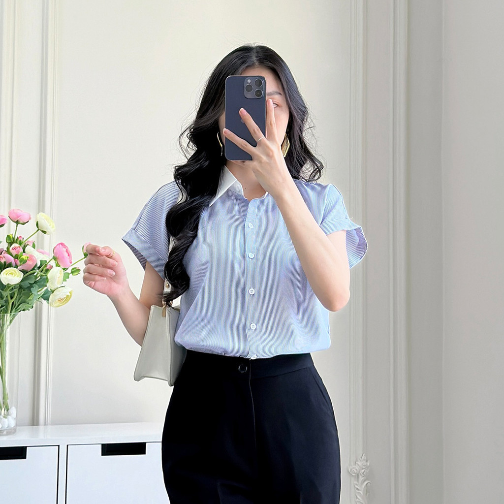 Mô tả Áo sơ mi nữ sọc xanh vải cotton mềm mịn thoáng khí tay liền cổ phối thời trang GUMAC LAF0322 - 4