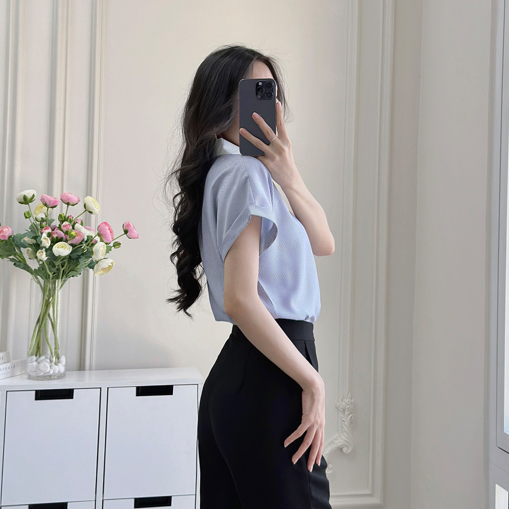 Mô tả Áo sơ mi nữ sọc xanh vải cotton mềm mịn thoáng khí tay liền cổ phối thời trang GUMAC LAF0322 - 5