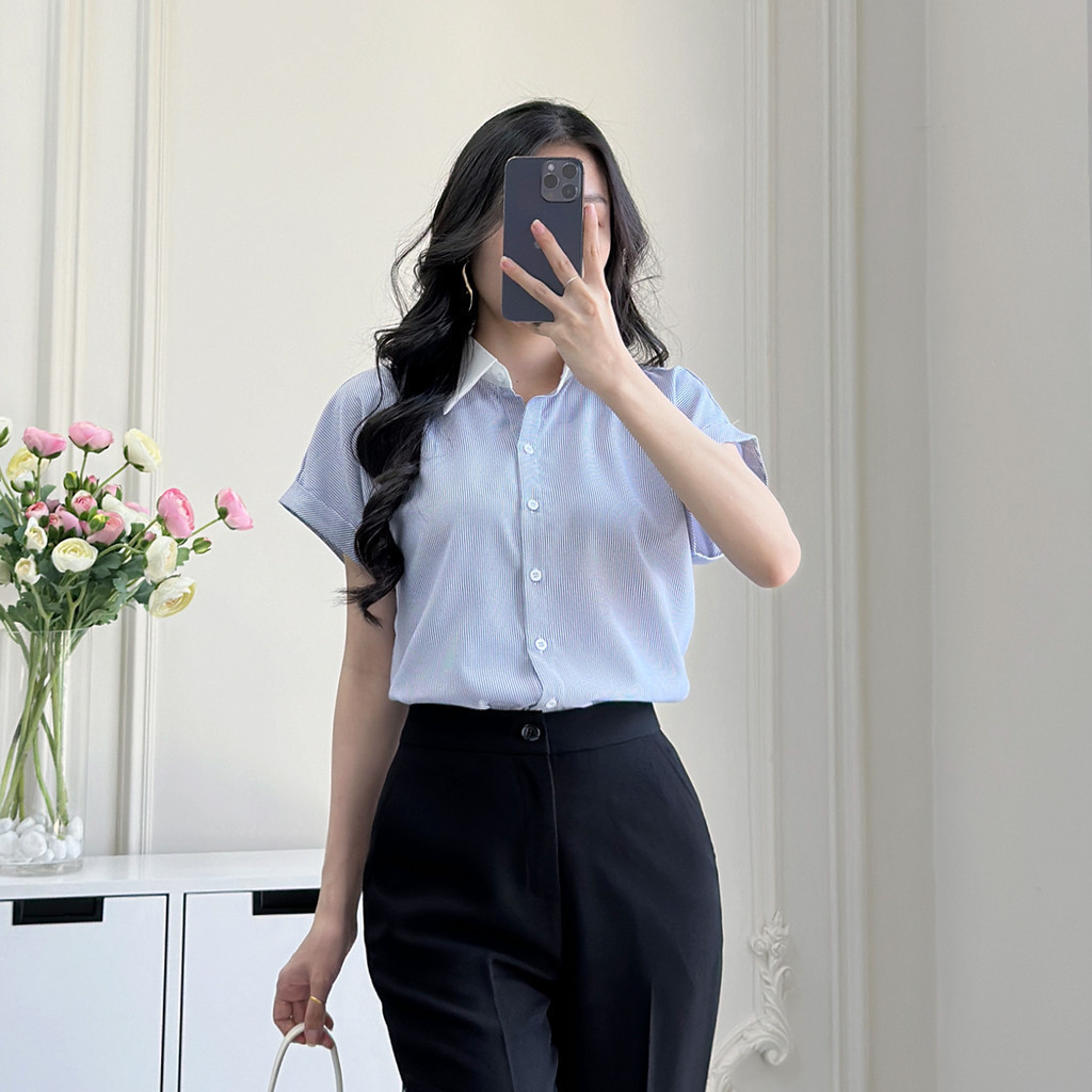 Mô tả Áo sơ mi nữ sọc xanh vải cotton mềm mịn thoáng khí tay liền cổ phối thời trang GUMAC LAF0322 - 6