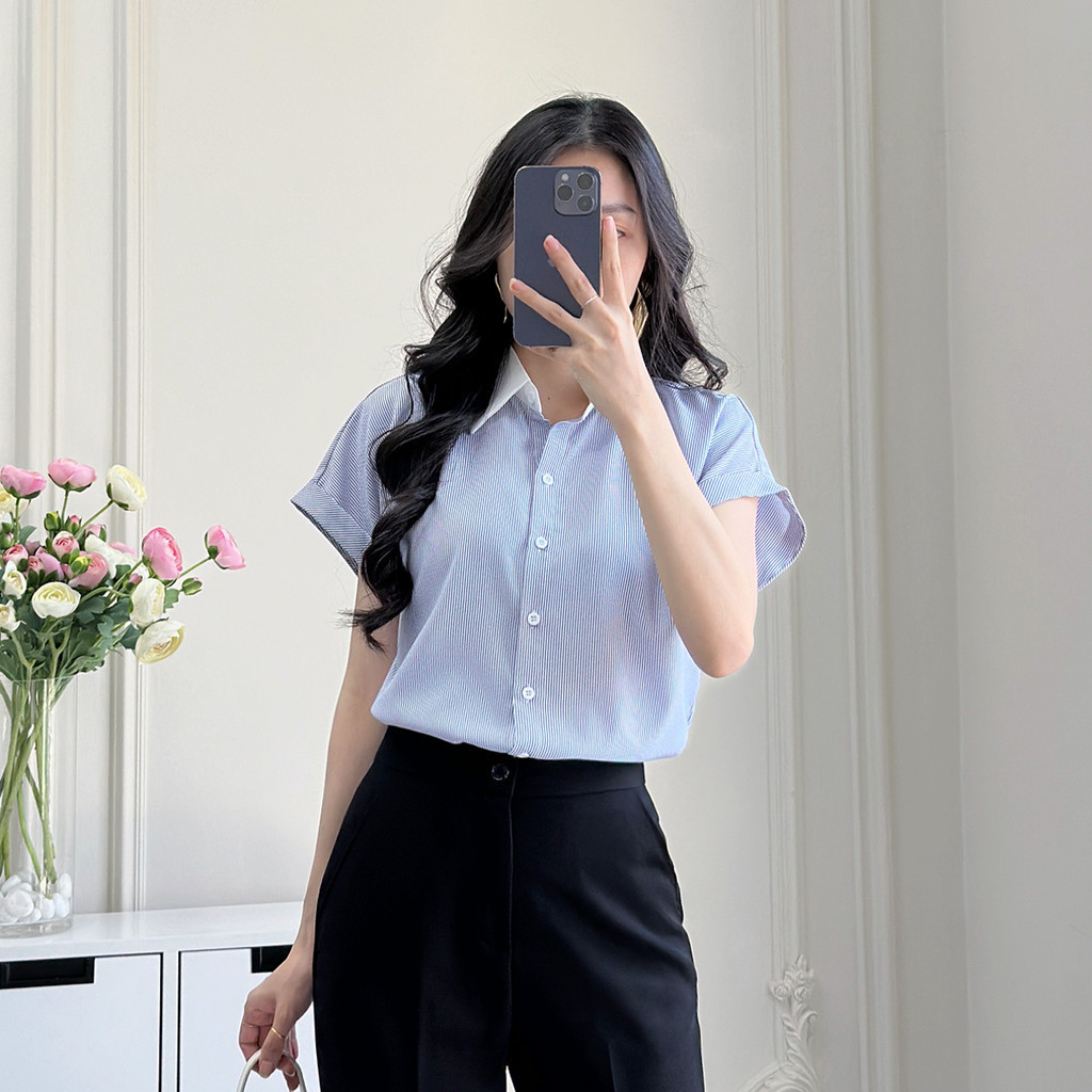 Mô tả Áo sơ mi nữ sọc xanh vải cotton mềm mịn thoáng khí tay liền cổ phối thời trang GUMAC LAF0322 - 7