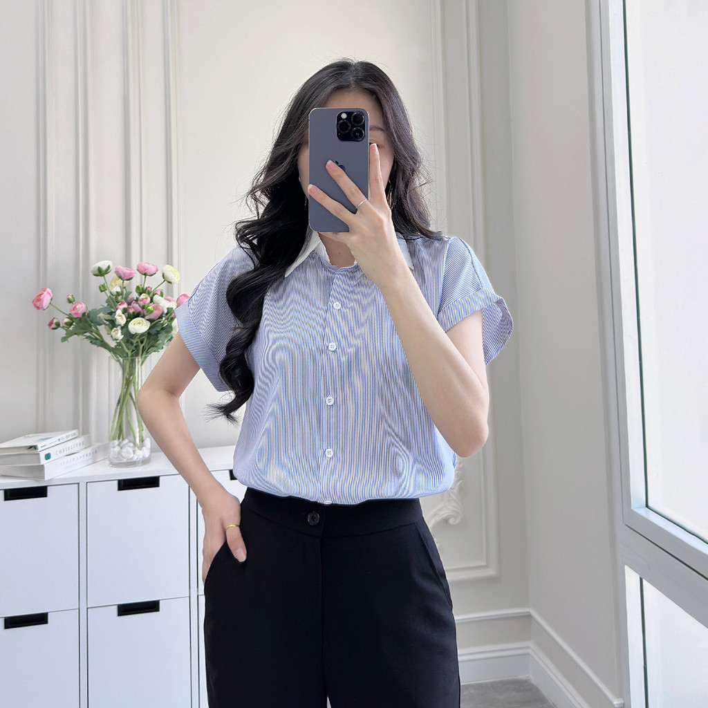 Mô tả Áo sơ mi nữ sọc xanh vải cotton mềm mịn thoáng khí tay liền cổ phối thời trang GUMAC LAF0322 - 8