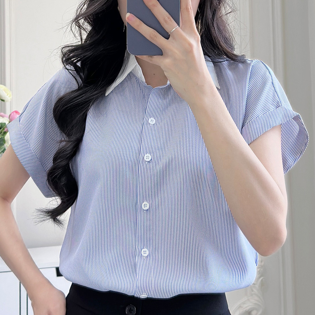 Mô tả Áo sơ mi nữ sọc xanh vải cotton mềm mịn thoáng khí tay liền cổ phối thời trang GUMAC LAF0322 - 9