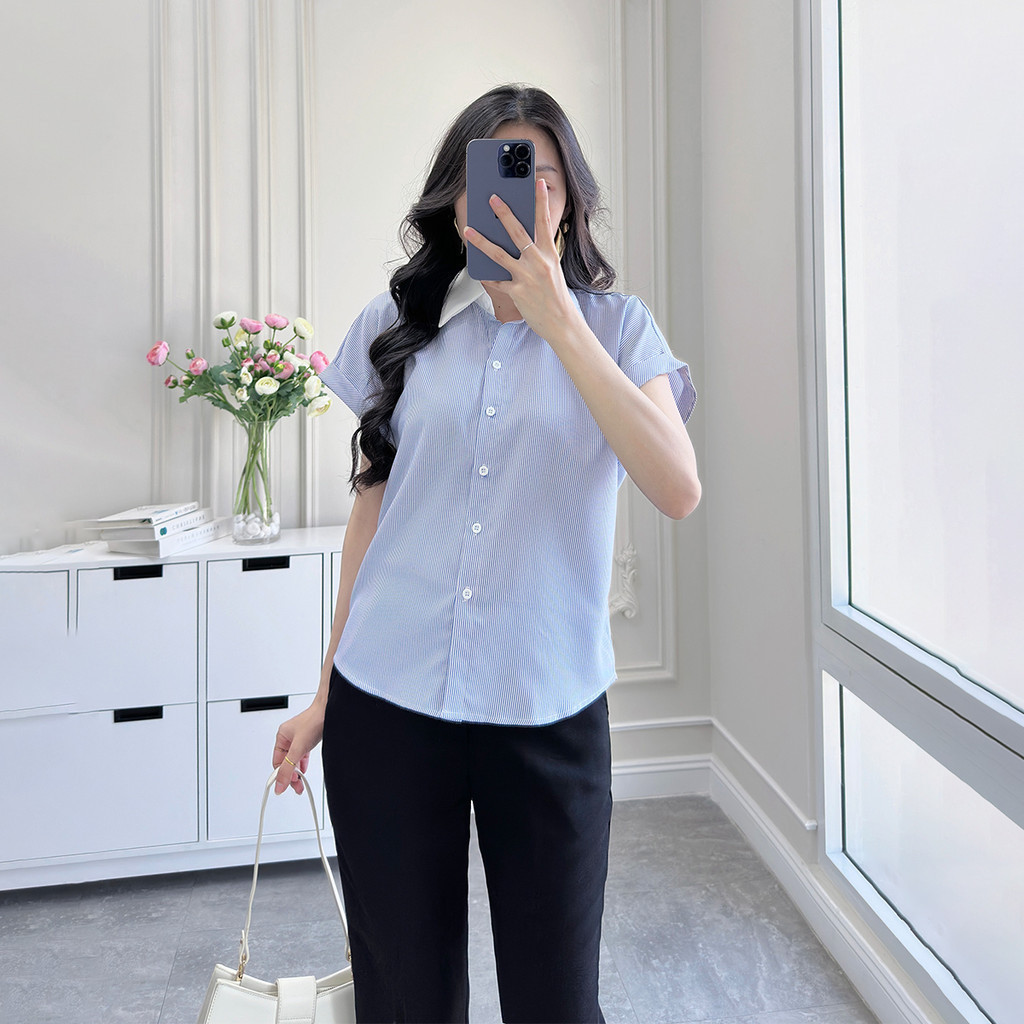 Mô tả Áo sơ mi nữ sọc xanh vải cotton mềm mịn thoáng khí tay liền cổ phối thời trang GUMAC LAF0322 - 10