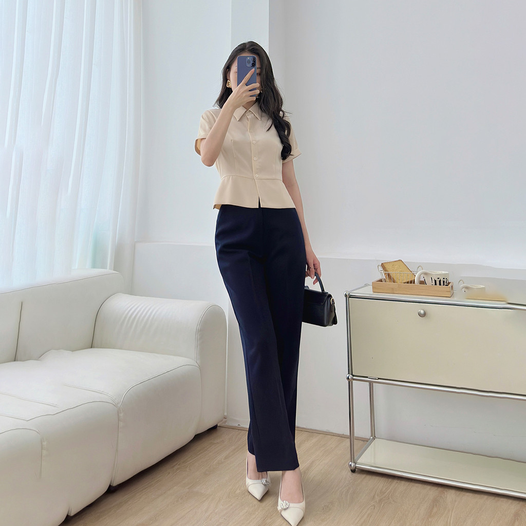 Mô tả Áo sơ mi nữ dáng lửng ôm eo tay ngắn lai lật chéo ý dày dặn thoáng mát thời trang GUMAC LAF0518 - 3
