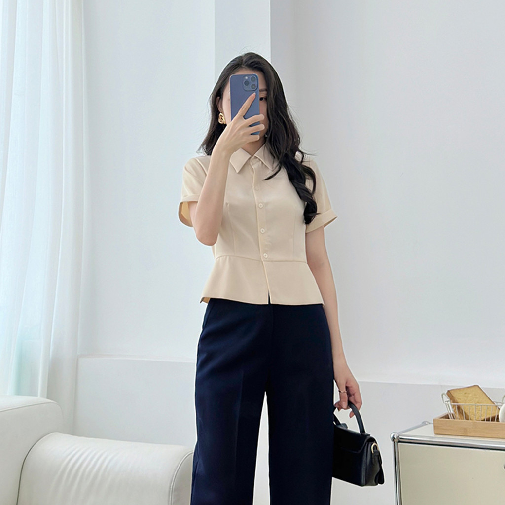 Mô tả Áo sơ mi nữ dáng lửng ôm eo tay ngắn lai lật chéo ý dày dặn thoáng mát thời trang GUMAC LAF0518 - 4
