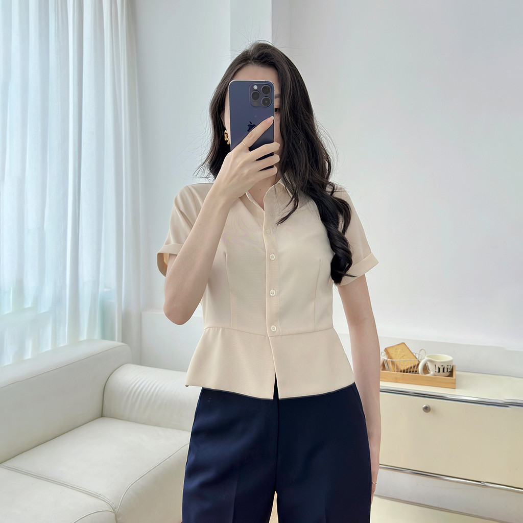 Mô tả Áo sơ mi nữ dáng lửng ôm eo tay ngắn lai lật chéo ý dày dặn thoáng mát thời trang GUMAC LAF0518 - 6