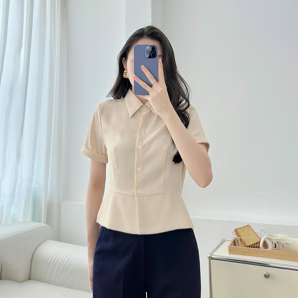 Mô tả Áo sơ mi nữ dáng lửng ôm eo tay ngắn lai lật chéo ý dày dặn thoáng mát thời trang GUMAC LAF0518 - 9