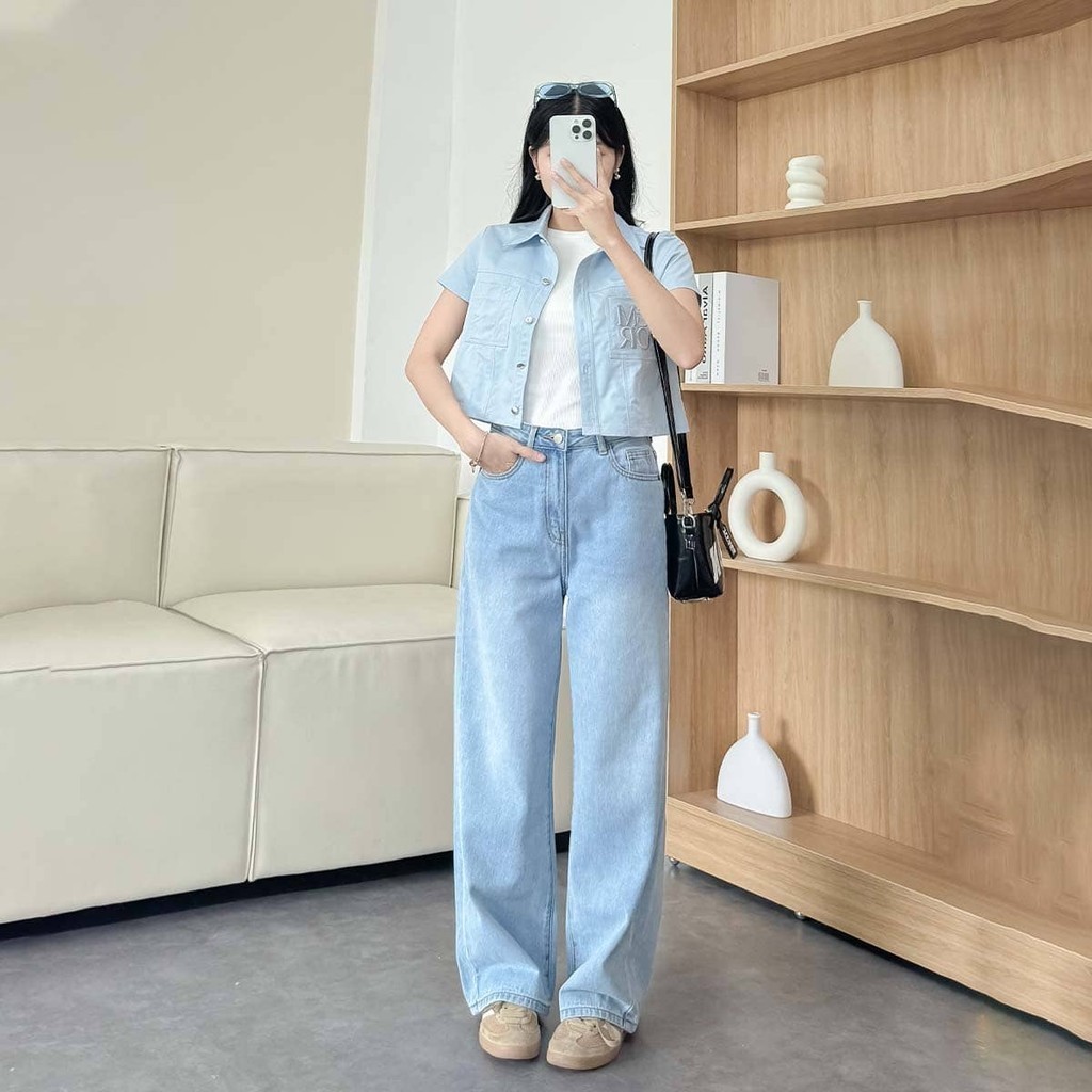 Mô tả Quần jeans suông nữ denim thêu Gmor xanh nhạt tôn dáng thời trang Gmorning - GUMAC YQJE10080 - 2