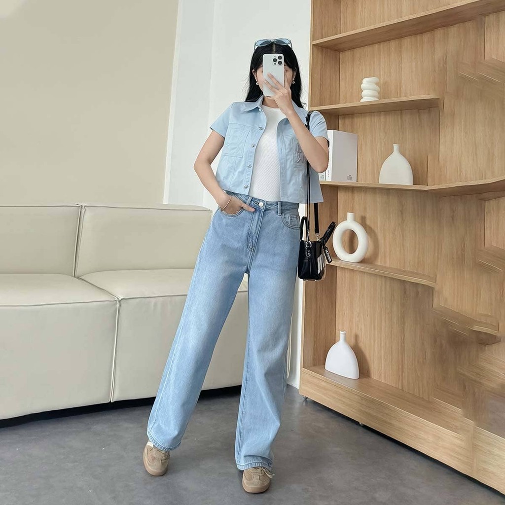 Mô tả Quần jeans suông nữ denim thêu Gmor xanh nhạt tôn dáng thời trang Gmorning - GUMAC YQJE10080 - 3