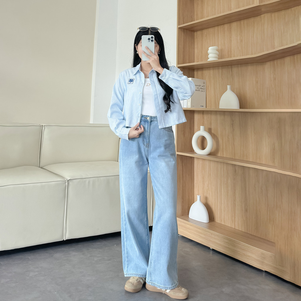 Mô tả Quần jeans suông nữ denim thêu Gmor xanh nhạt tôn dáng thời trang Gmorning - GUMAC YQJE10080 - 5