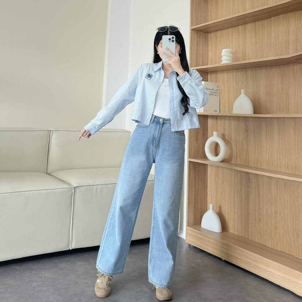 Mô tả Quần jeans suông nữ denim thêu Gmor xanh nhạt tôn dáng thời trang Gmorning - GUMAC YQJE10080 - 6