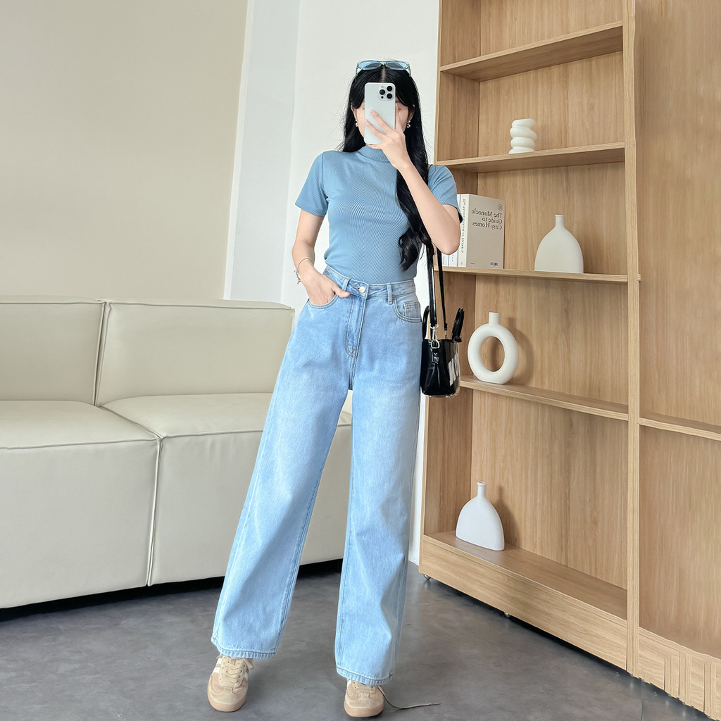 Mô tả Quần jeans suông nữ denim thêu Gmor xanh nhạt tôn dáng thời trang Gmorning - GUMAC YQJE10080 - 7