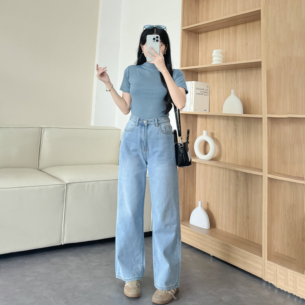 Mô tả Quần jeans suông nữ denim thêu Gmor xanh nhạt tôn dáng thời trang Gmorning - GUMAC YQJE10080 - 8