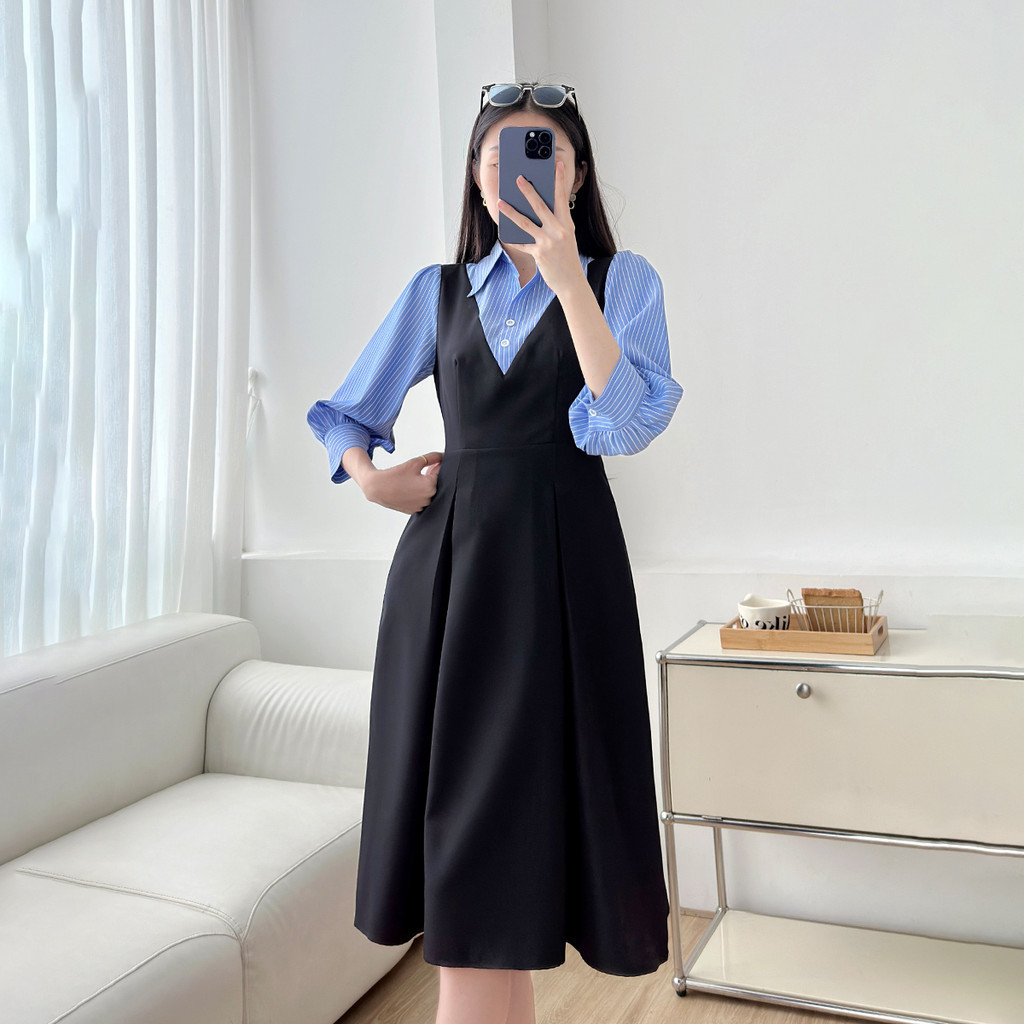 Mô tả Đầm nữ form A xòe kiểu tay dài phối sọc xanh vải cotton mềm mát có túi thời trang GUMAC LDF0304 - 5