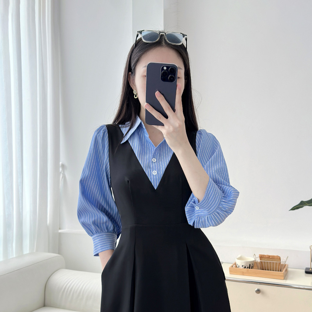 Mô tả Đầm nữ form A xòe kiểu tay dài phối sọc xanh vải cotton mềm mát có túi thời trang GUMAC LDF0304 - 7