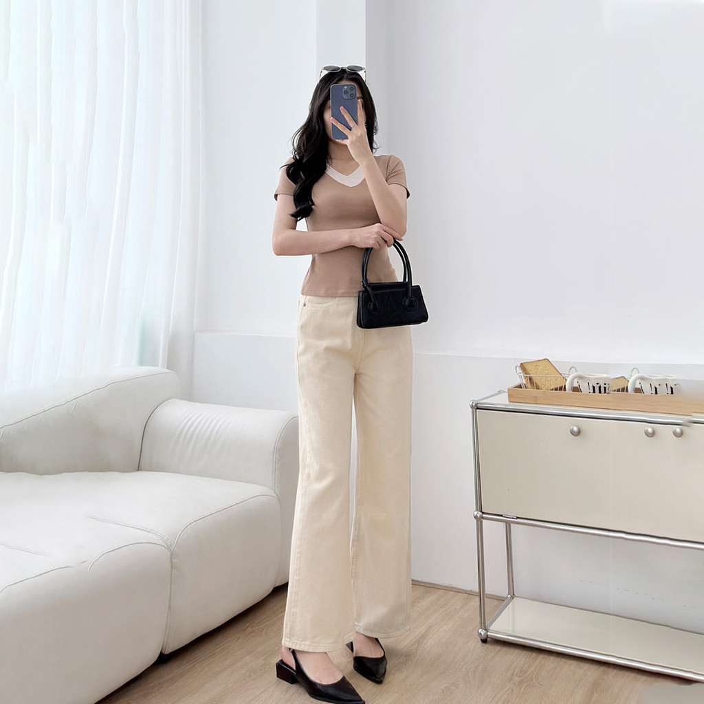 Mô tả Quần jeans nữ suông cơ bản màu be denim mềm dày dặn thoáng mát thoải mái thời trang GUMAC QJF05013 - 2