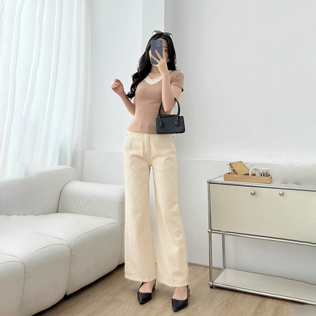 Mô tả Quần jeans nữ suông cơ bản màu be denim mềm dày dặn thoáng mát thoải mái thời trang GUMAC QJF05013 - 3