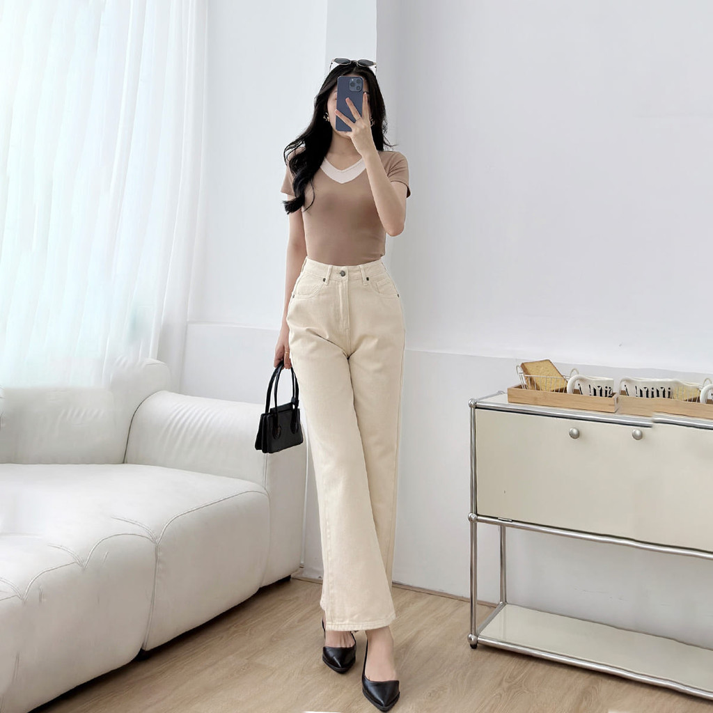 Mô tả Quần jeans nữ suông cơ bản màu be denim mềm dày dặn thoáng mát thoải mái thời trang GUMAC QJF05013 - 5