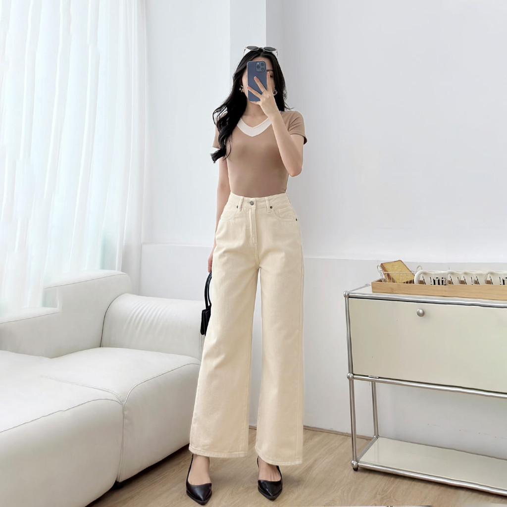 Mô tả Quần jeans nữ suông cơ bản màu be denim mềm dày dặn thoáng mát thoải mái thời trang GUMAC QJF05013 - 6