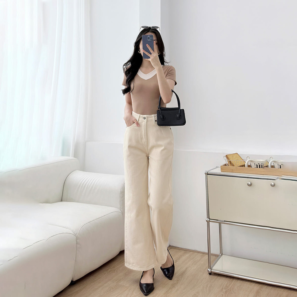 Mô tả Quần jeans nữ suông cơ bản màu be denim mềm dày dặn thoáng mát thoải mái thời trang GUMAC QJF05013 - 8
