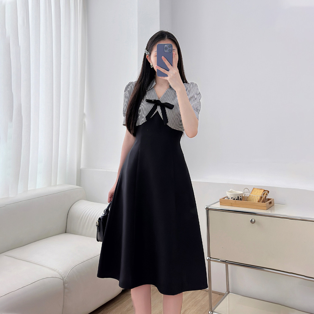 Mô tả Đầm nữ A kiểu phối sọc đen đính nơ tiểu thư vải cotton lạnh mềm mát thời trang GUMAC LDE1101 - 4