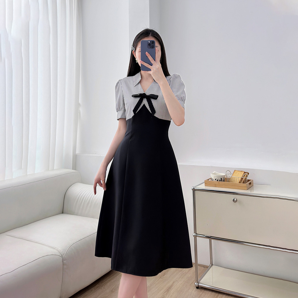 Mô tả Đầm nữ A kiểu phối sọc đen đính nơ tiểu thư vải cotton lạnh mềm mát thời trang GUMAC LDE1101 - 5