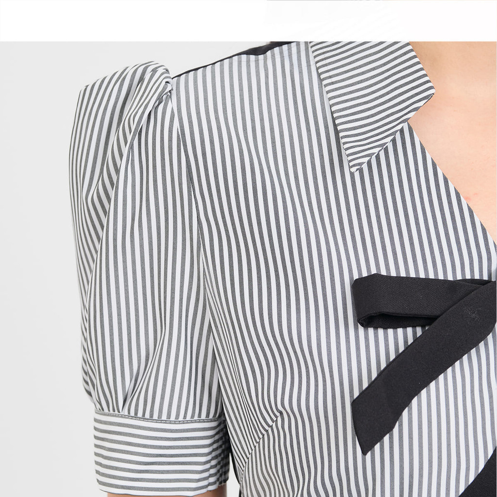 Mô tả Đầm nữ A kiểu phối sọc đen đính nơ tiểu thư vải cotton lạnh mềm mát thời trang GUMAC LDE1101 - 9
