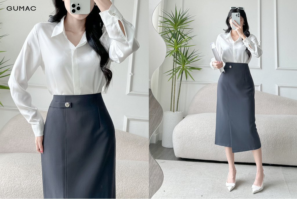 Mô tả Áo sơ mi nữ basic cơ bản lụa màu trắng đen hồng thiết kế tay dài phối nút thời trang GUMAC BAE00003 - 2