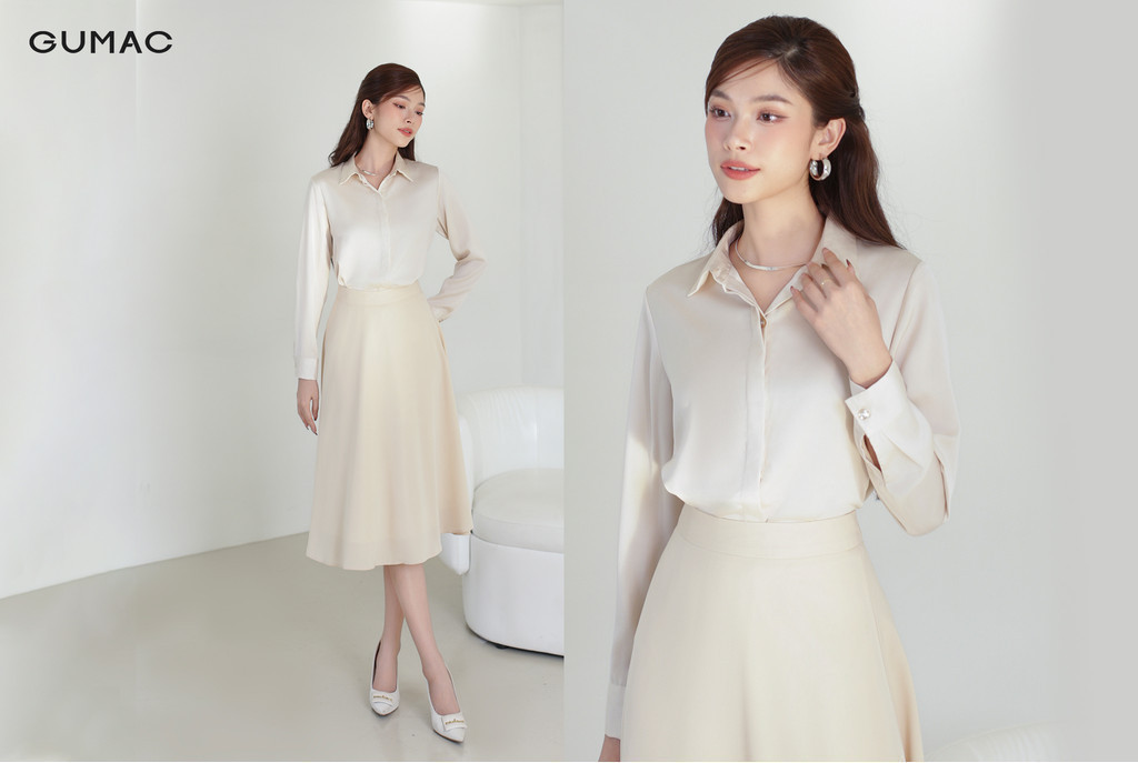 Mô tả Áo sơ mi nữ basic cơ bản lụa màu trắng đen hồng thiết kế tay dài phối nút thời trang GUMAC BAE00003 - 4